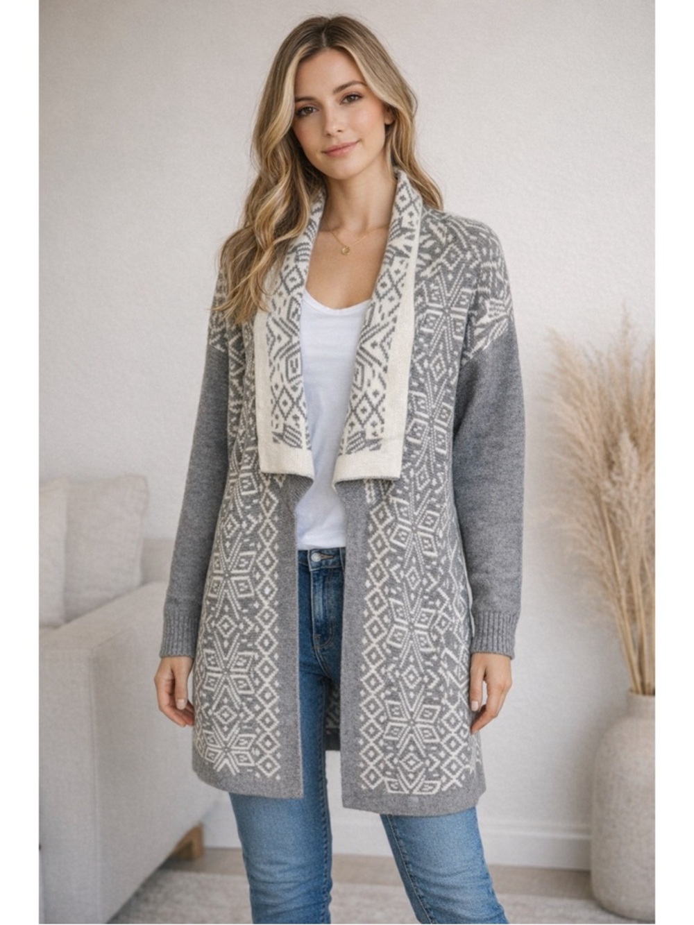 Talbots Gray & Cream Nordic Open Front Longline Cardigan Wool Cashmere Blend XL